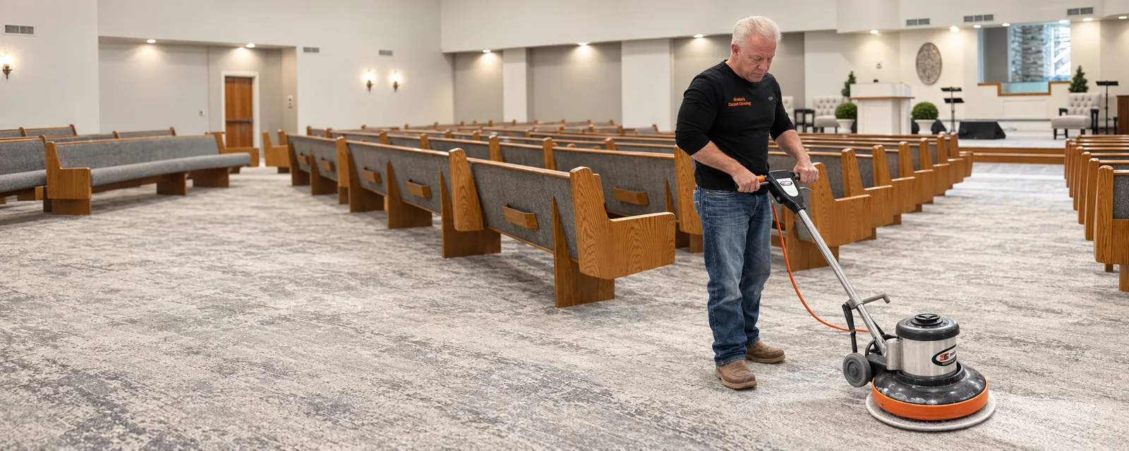 A man cleaning church carpet between the pews with a floor-cleaning machine